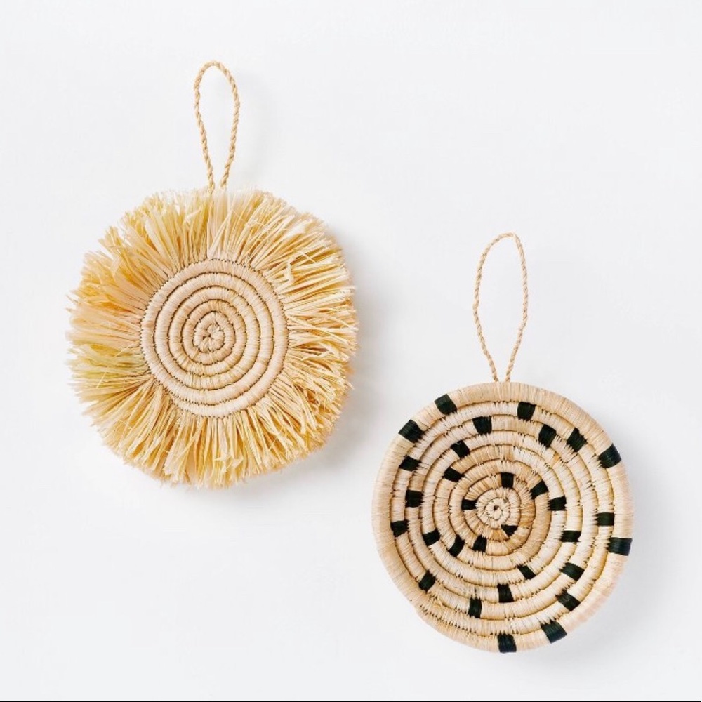 Set of 2 artisan woven ornaments disc style black